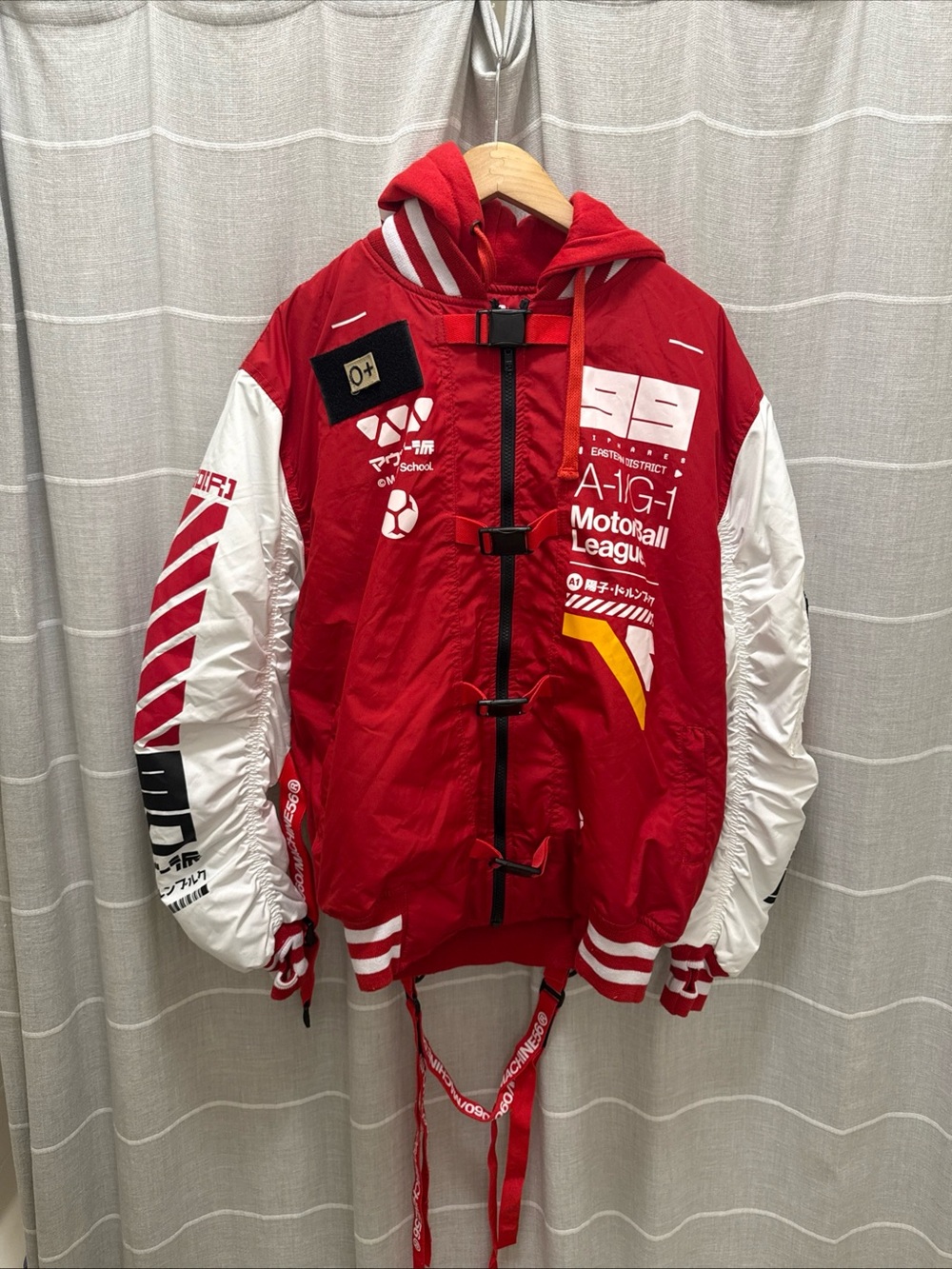 Red & White Graphic Hooded Bomber Jacket